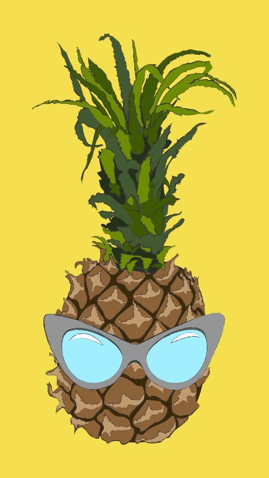 hipster ananas in ultieme grijs gekleurde zonnebril Aan een verhelderend geel achtergrond. zomer concept - elegant vakantie, sappig exotisch en tropisch fruit. zonnig helder voorraad vector illustratie.