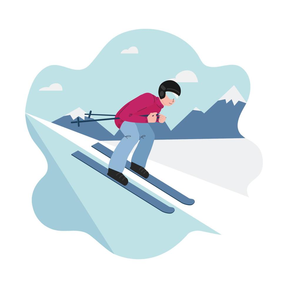 banier van winter sport - berg skiën, een Mens Aan skis haast naar beneden de helling. Mens Aan de achtergrond van silhouetten van bergen. vector illustraties in vlak stijl - roze, blauw, wit kleuren.