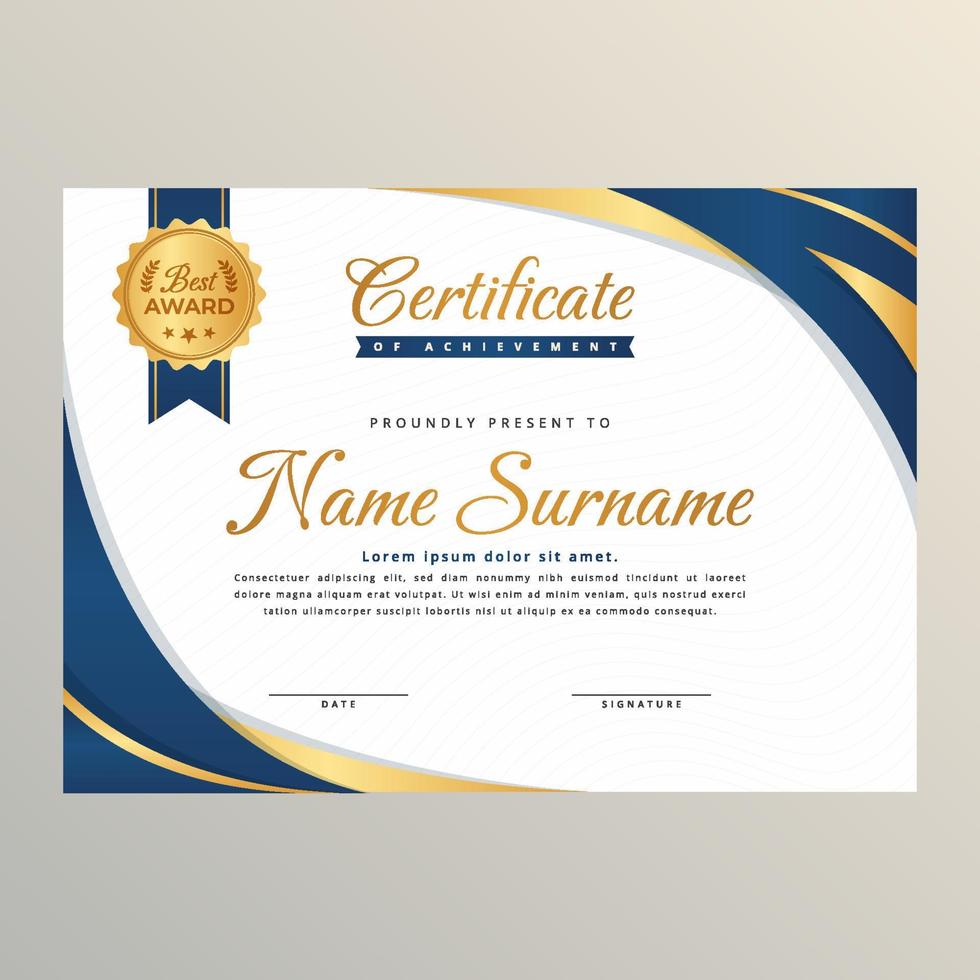 helling gouden en diep blauw certificaat sjabloon vector