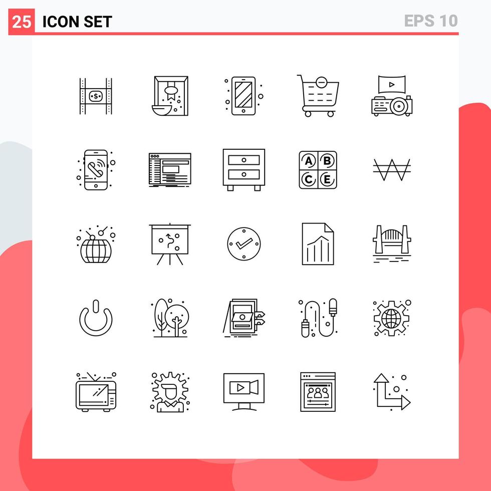 mobiel koppel lijn reeks van 25 pictogrammen van theater bioscoop rijst- boodschappen doen kar uitchecken bewerkbare vector ontwerp elementen