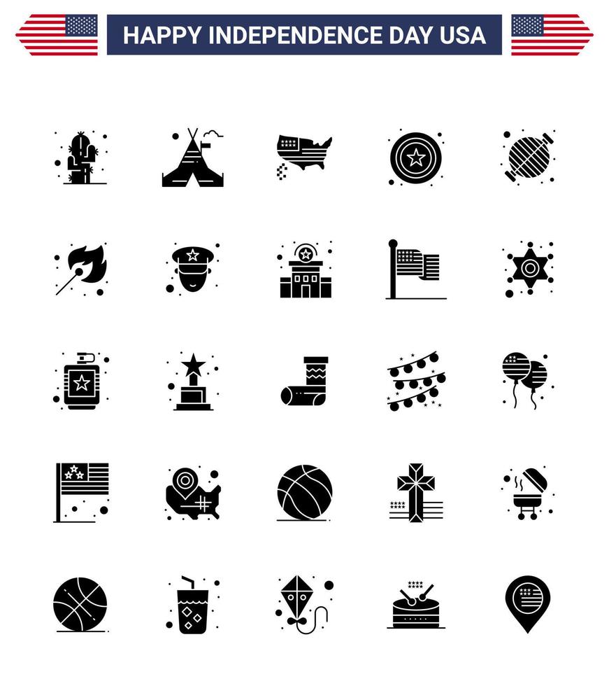 gelukkig onafhankelijkheid dag 4e juli reeks van 25 solide glyph Amerikaans pictogram van bbq voedsel Amerikaans teken Politie bewerkbare Verenigde Staten van Amerika dag vector ontwerp elementen