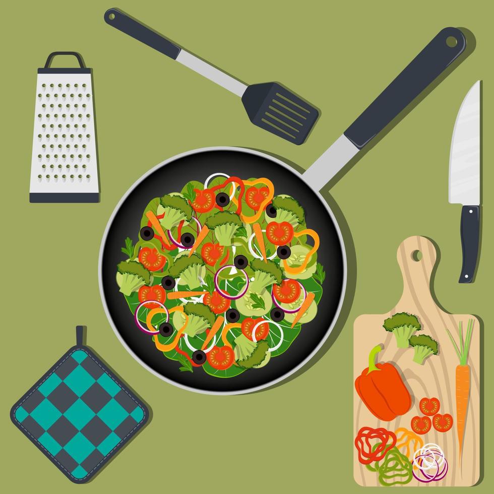 Koken gezond veganistisch voedsel Aan de keuken tafel, ingrediënten en gebruiksvoorwerpen. pan met groenten, mes, spatel, oven wanten, rasp. vector illustratie.
