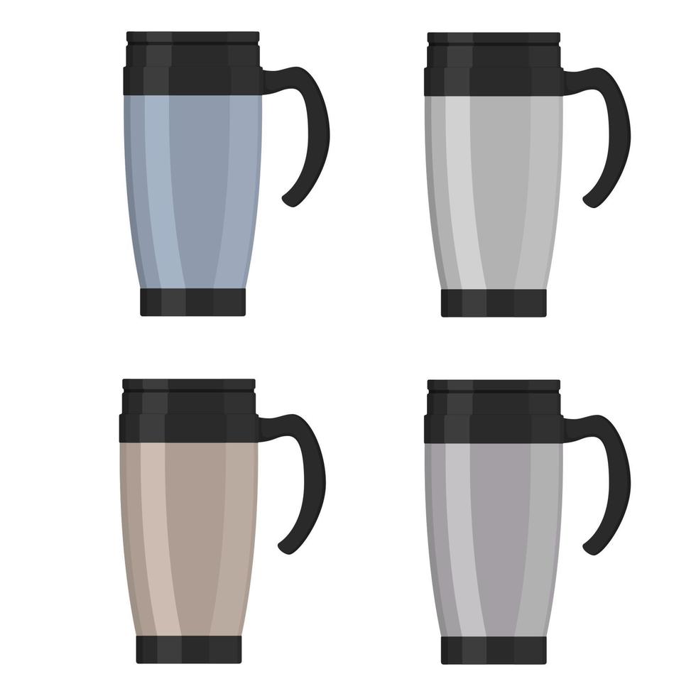 modern thermo beker, reizen mok, thermosfles geïsoleerd Aan wit achtergrond, set. vector illustratie in vlak stijl.