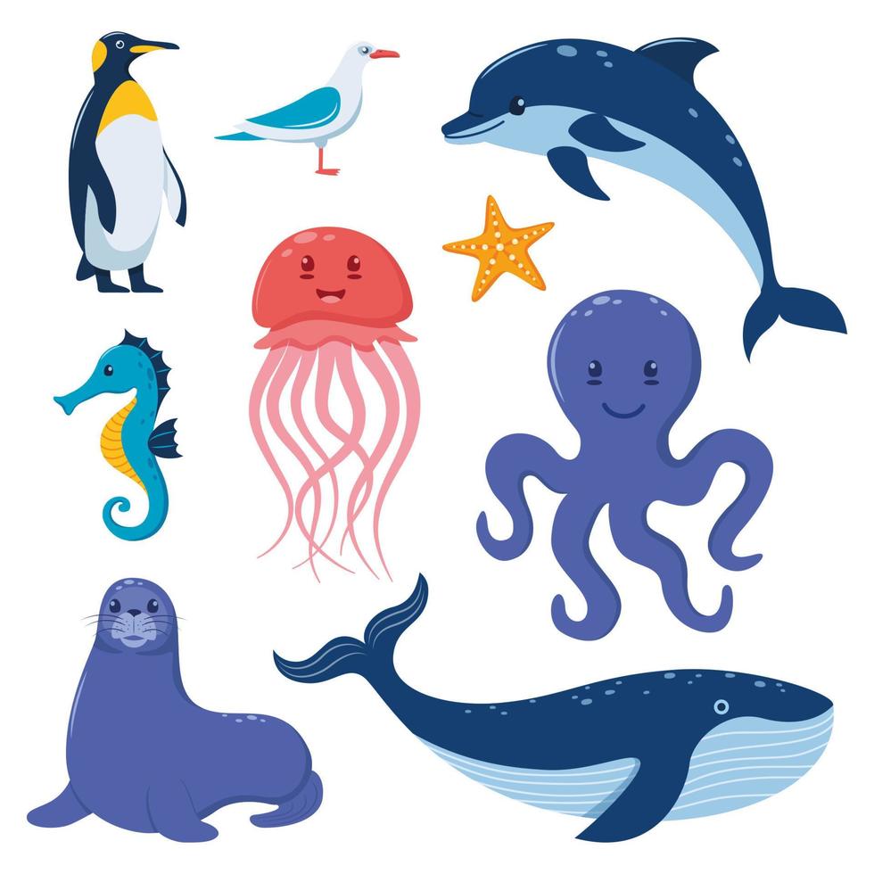 zee dieren groot set. schattig vlak stijl zee schepsel karakters. pinguïn, walvis, zegel, zeepaardje, dolfijn, Octopus, kwallen, zeester, meeuw. vector illustratie.