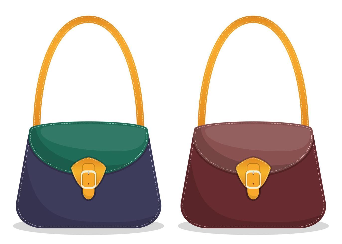 verzameling van elegant kleurrijk leer handtassen met wit naaien. modieus Dames s Tassen geïsoleerd Aan wit achtergrond. vector illustratie in vlak stijl.