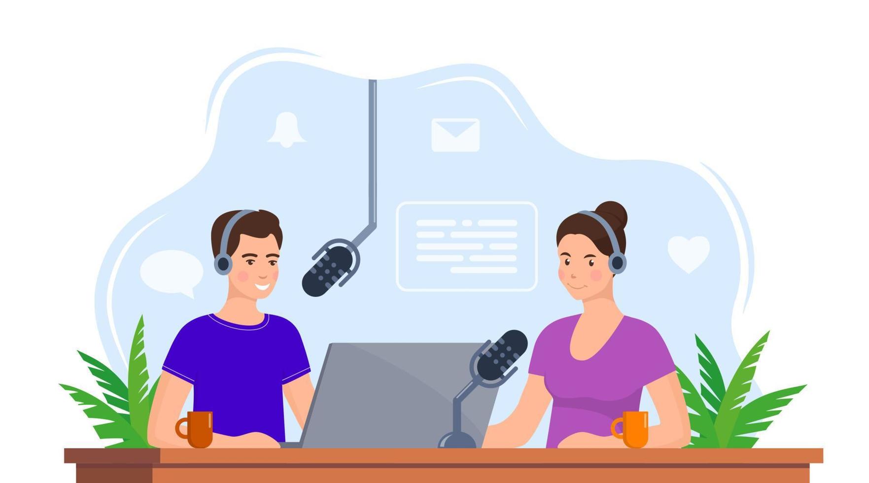 mensen opname podcast in studio. radio gastheer afnemen van interviews gast Aan radio station. Mens en vrouw in hoofdtelefoons praten. omroep. vector illustratie.