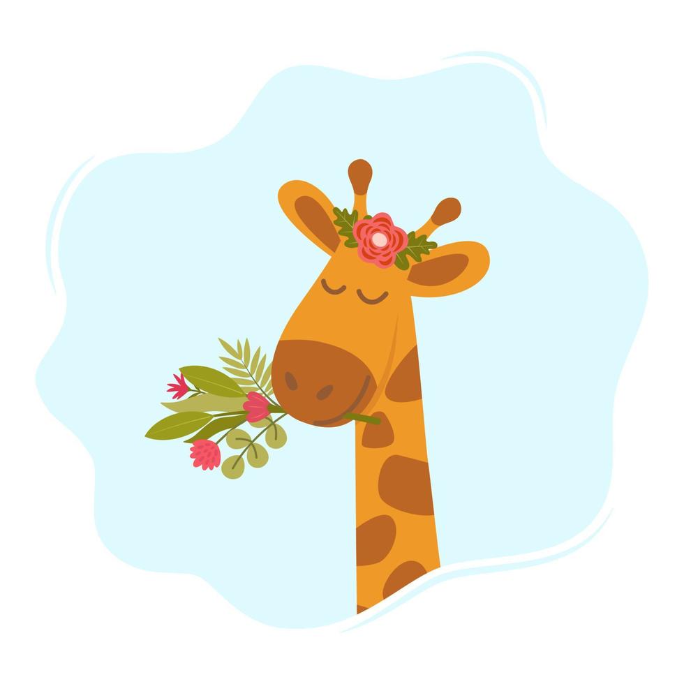 schattig tekenfilm giraffe met bloemen. tekenfilm illustratie voor kinderen mode stoffen, textiel grafiek, afdrukken. vector illustratie.