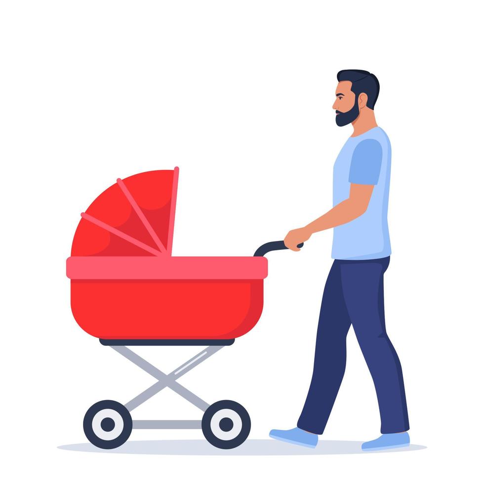 jong papa wandelingen met een baby in een wandelwagen. Mens met pasgeboren zoon of dochter Aan wandelen in baby koets. vector illustratie.