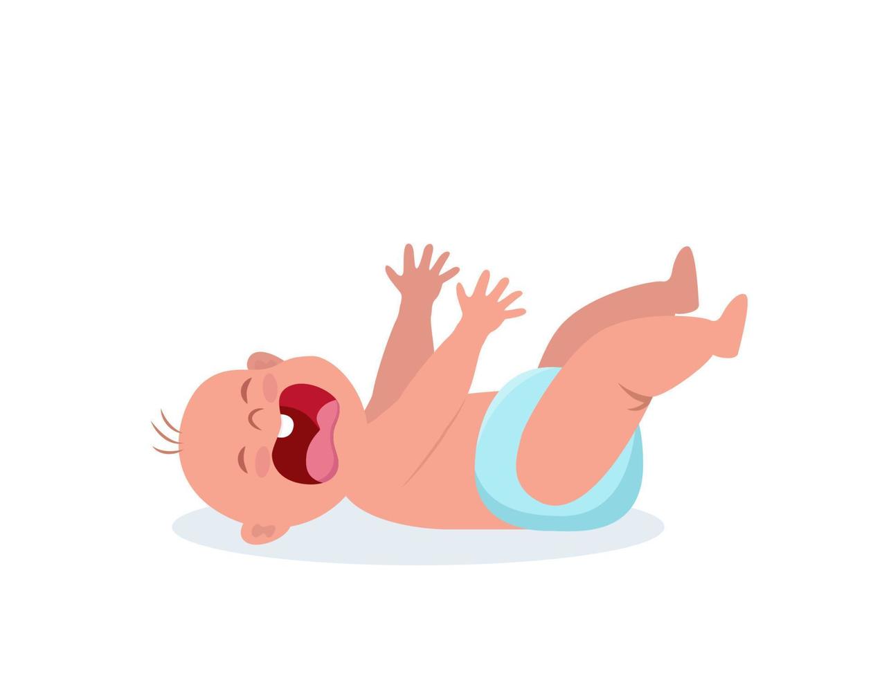 weinig baby huilen hesterisch. huilen baby leugens en trekt omhoog de handvatten. weinig kind wezen ongelukkig. vlak vector illustratie.