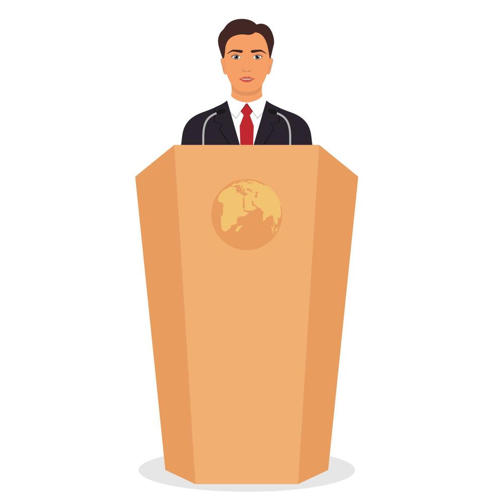 Mens in een bedrijf pak staat Aan een podium in voorkant van de microfoons. belangrijk evenement, bedrijf conferentie concept. vector illustratie.