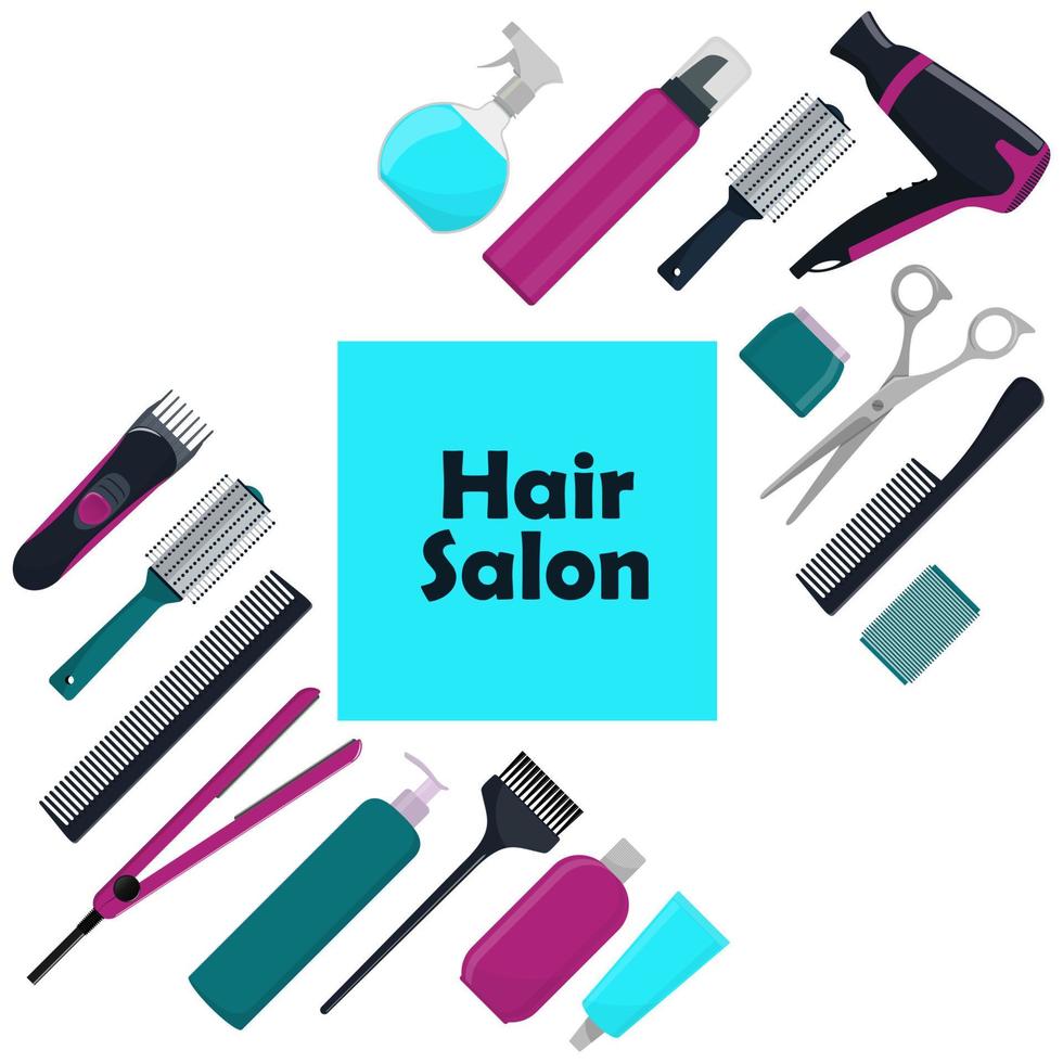 haar- salon concept. gereedschap en kunstmatig producten voor haar- zorg. professioneel kappers hulpmiddelen. een reeks van elementen voor een schoonheid salon. vector illustratie in vlak stijl.