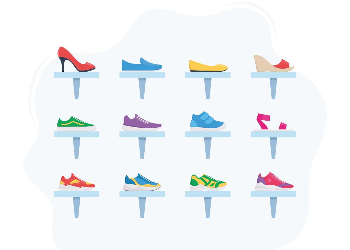 interieur van een schoen op te slaan. schoenen Aan planken, spiegel en stoel voor passend schoenen. modieus fashioned schoenen, kant visie. sport sportschoenen en laarzen voor Dames en Heren. vector illustratie.