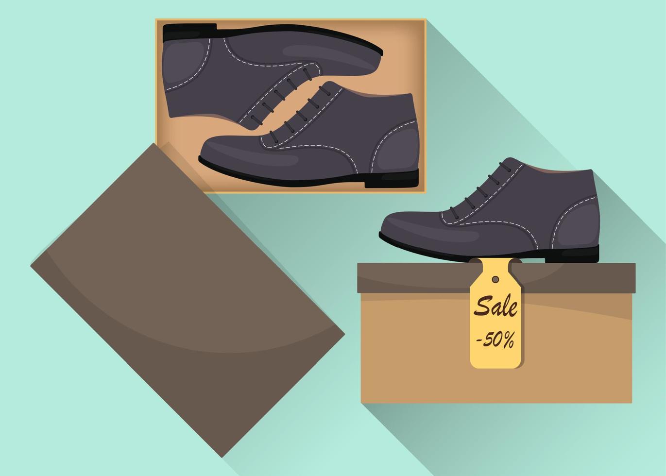 elegant modern mannetje schoenen in doos, kant visie. uitverkoop met een korting van 50 procent. Mens s gewoontjes schoenen. illustratie voor een schoen op te slaan. vector vlak illustratie.