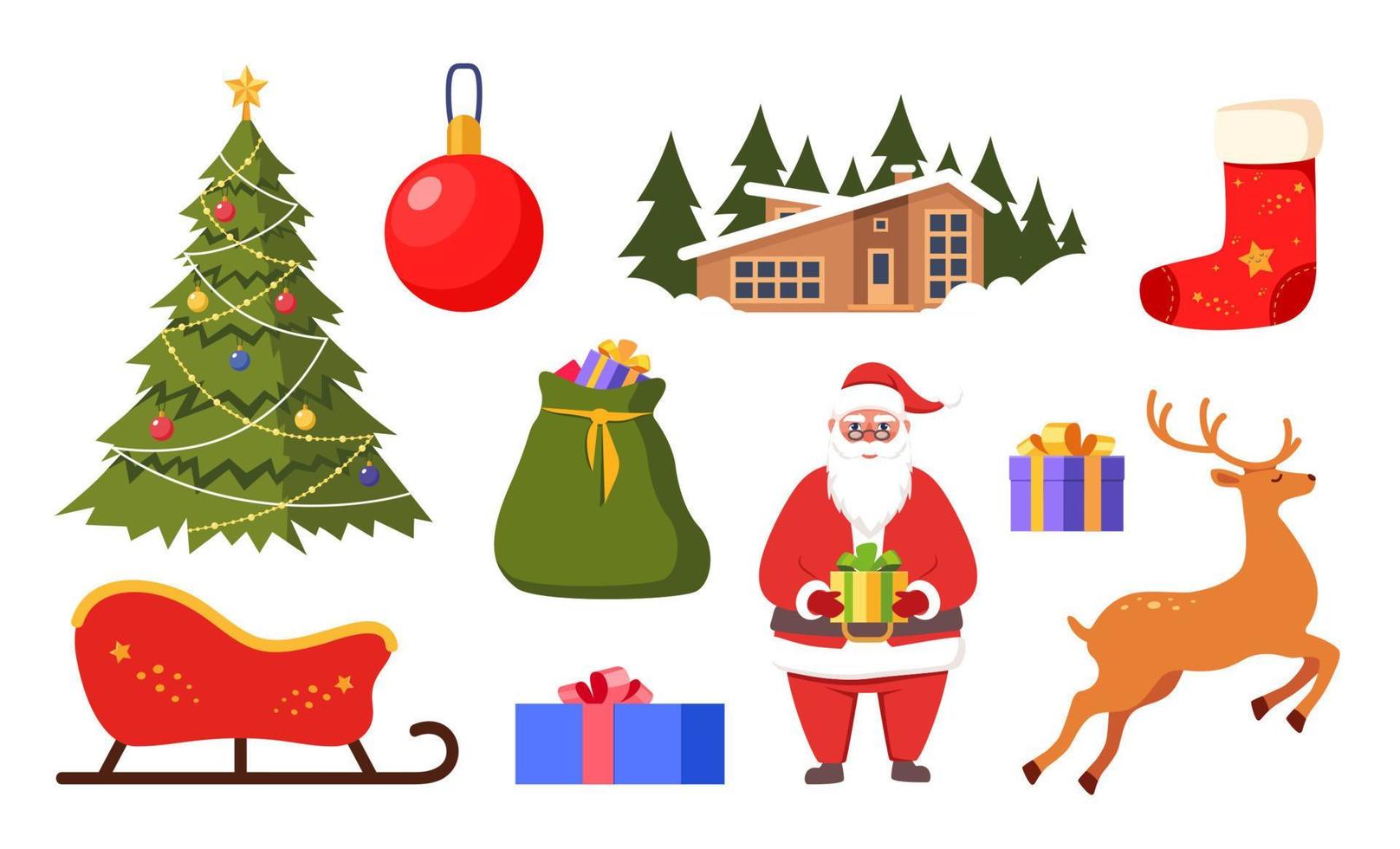 Kerstmis groot set, nieuw jaar vakantie decoratie elementen. de kerstman claus, rendier, Kerstmis boom bal, sok, slee, geschenk tas, geschenk doos. vector illustratie.