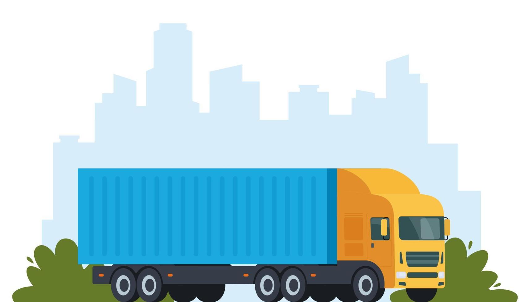 lading vrachtauto Aan stedelijk achtergrond. reclame vervoer. logistiek. auto voor de vervoer van goederen. vlak vector illustratie.
