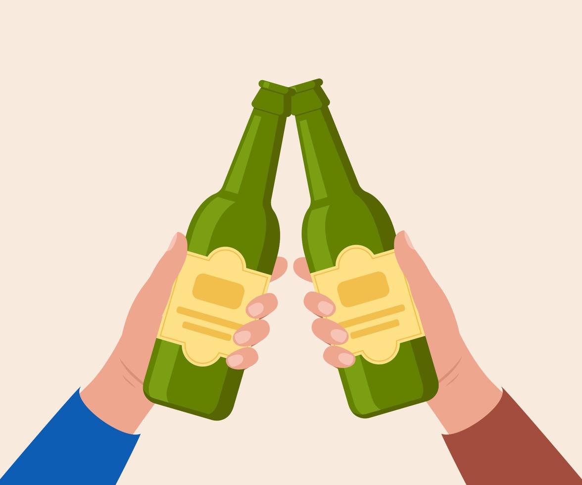 proost met bier flessen. handen Holding flessen met alcohol drankjes. vrienden geroosterd brood Aan kroeg of bar feest. vector illustratie.
