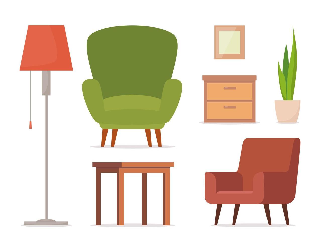 meubilair reeks voor leven kamers. stoel, tafel, lamp, kluisje, ingemaakt fabriek. reeks voor leven kamer interieur. vector illustratie.