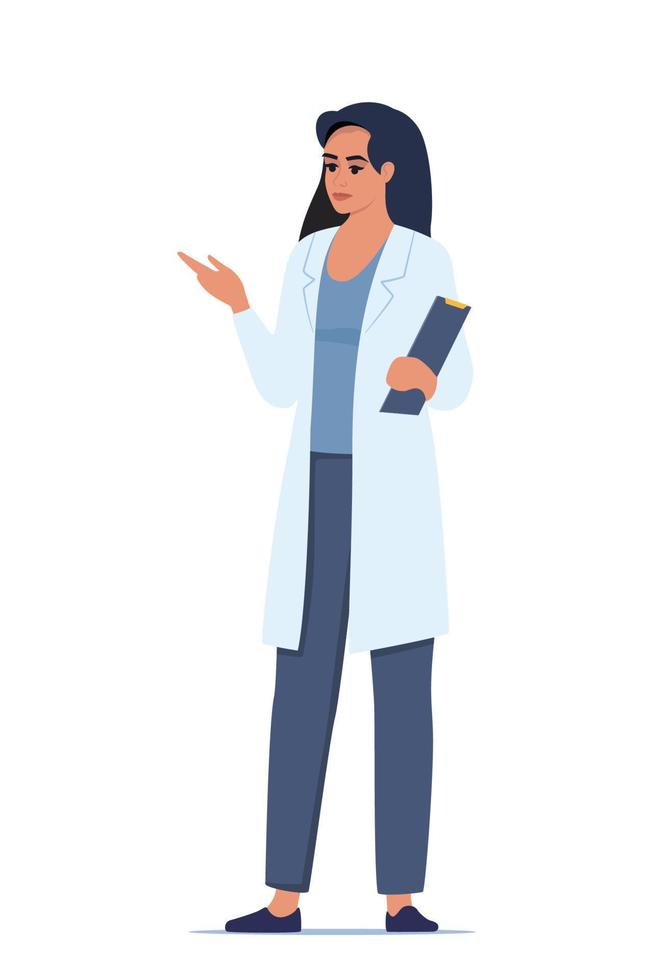 dokter in medisch uniform richten en tonen iets met hand. geneeskunde arbeider vrouw uitleggen en presenteren iets. vector vlak illustratie.