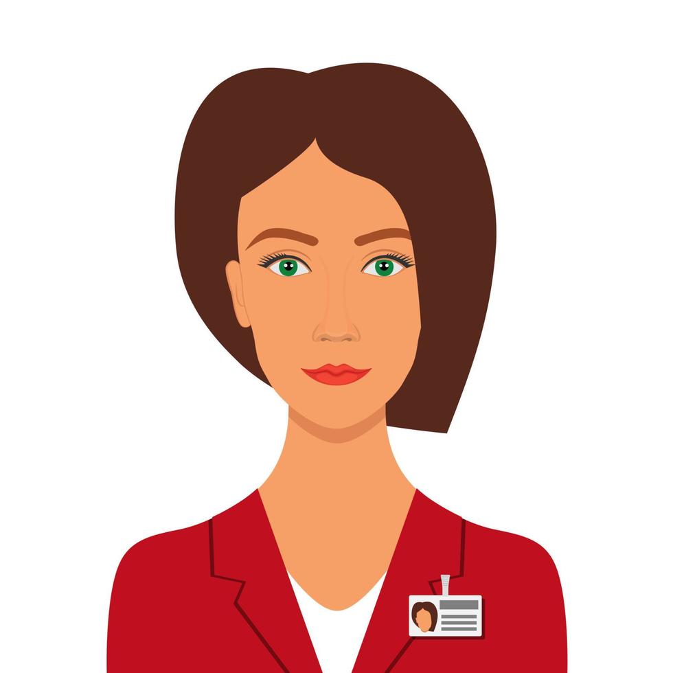 elegant mooi vrouw in bedrijf pak met kenteken. vrouw bedrijf avatar profiel afbeelding. vector illustratie, geïsoleerd.