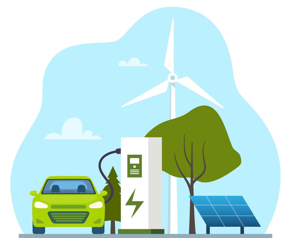 groen elektrisch auto opladen, voorkant visie. ecologisch schoon vervoer, Eco stad. elektrisch auto opladen Bij de oplader station in voorkant van de zonne- panelen en wind turbines. vector illustratie.