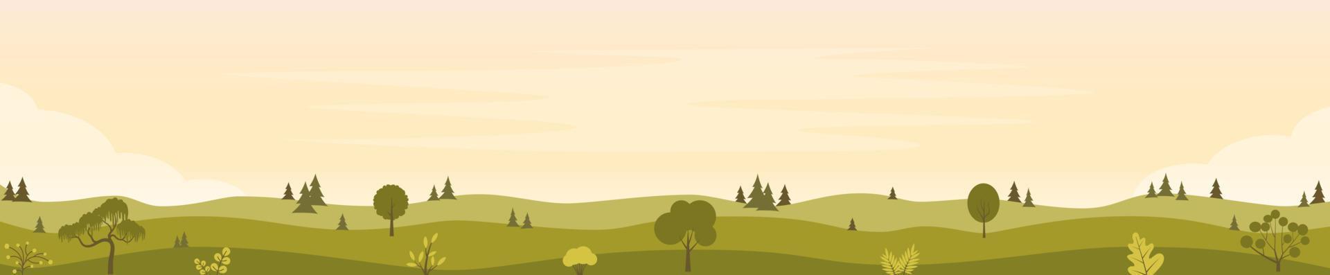 mooi velden landschap met een groen heuvels, bomen, struiken. landelijk landschap in de warm dageraad kleuren. platteland achtergrond horizontaal banier sjabloon. vector vlak illustratie.