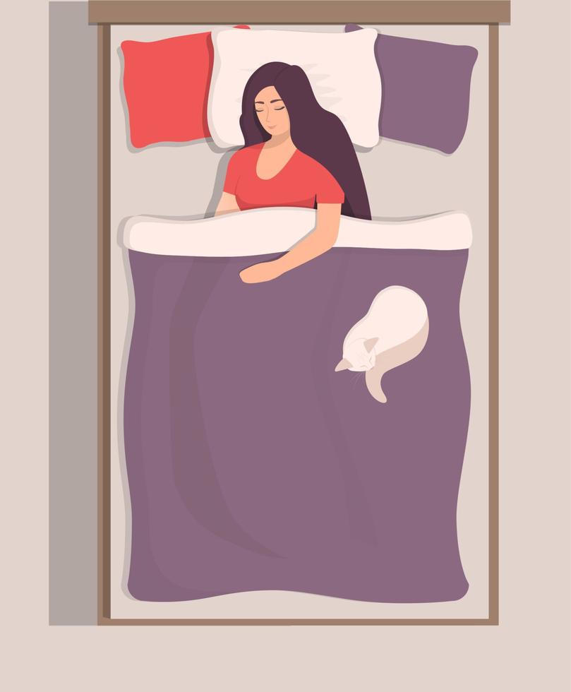 vrouw slapen in haar bed, top visie. meisje slaapt vredig met haar kat in de buurt. vector illustratie in vlak stijl.