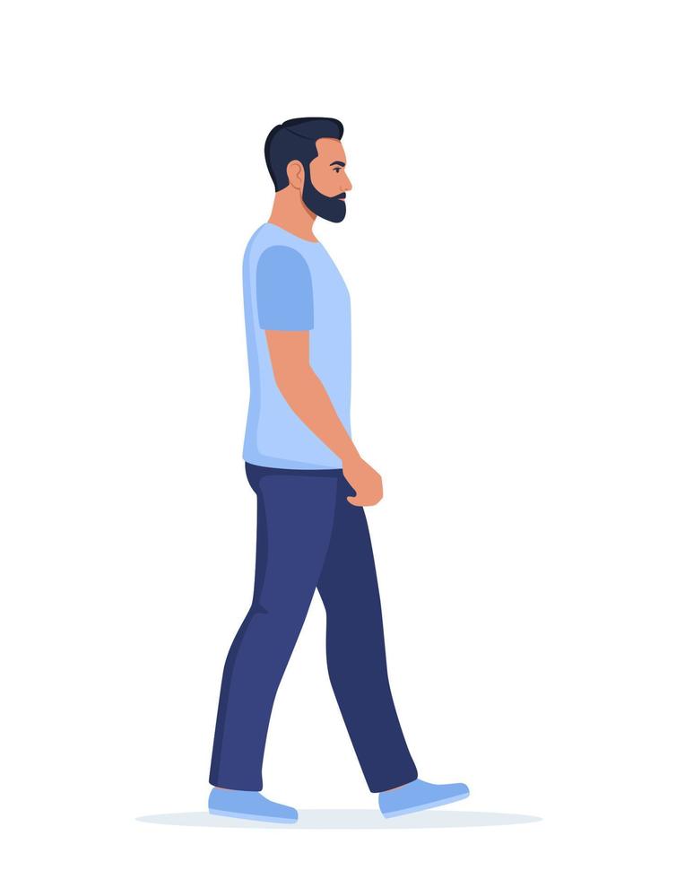 jong Mens in gewoontjes kleren wandelen naar voren, kant visie. vector illustratie.