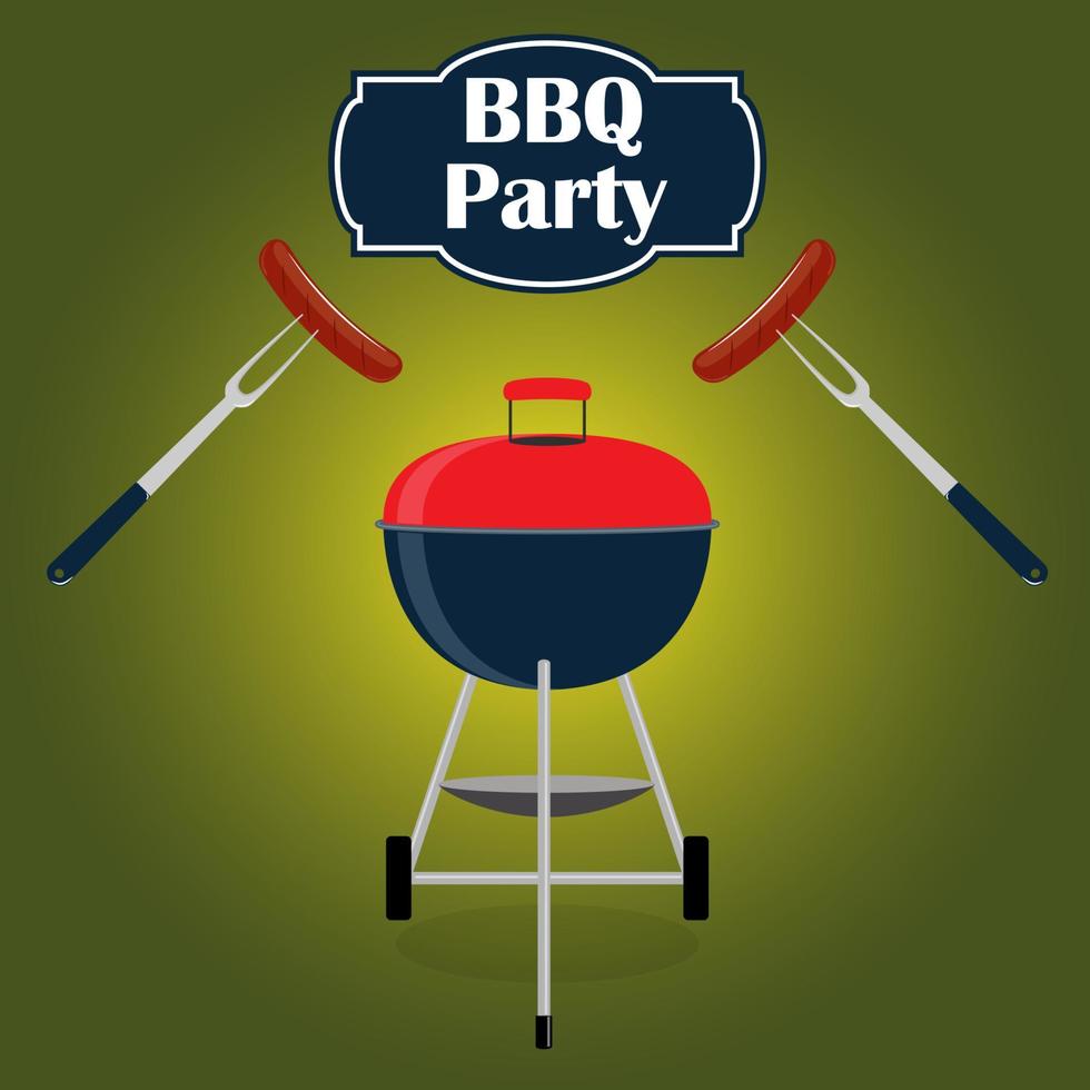 barbecue partij uitnodiging kaart ontwerp sjabloon. barbecue, worst, vork. vector illustratie, vlak stijl.