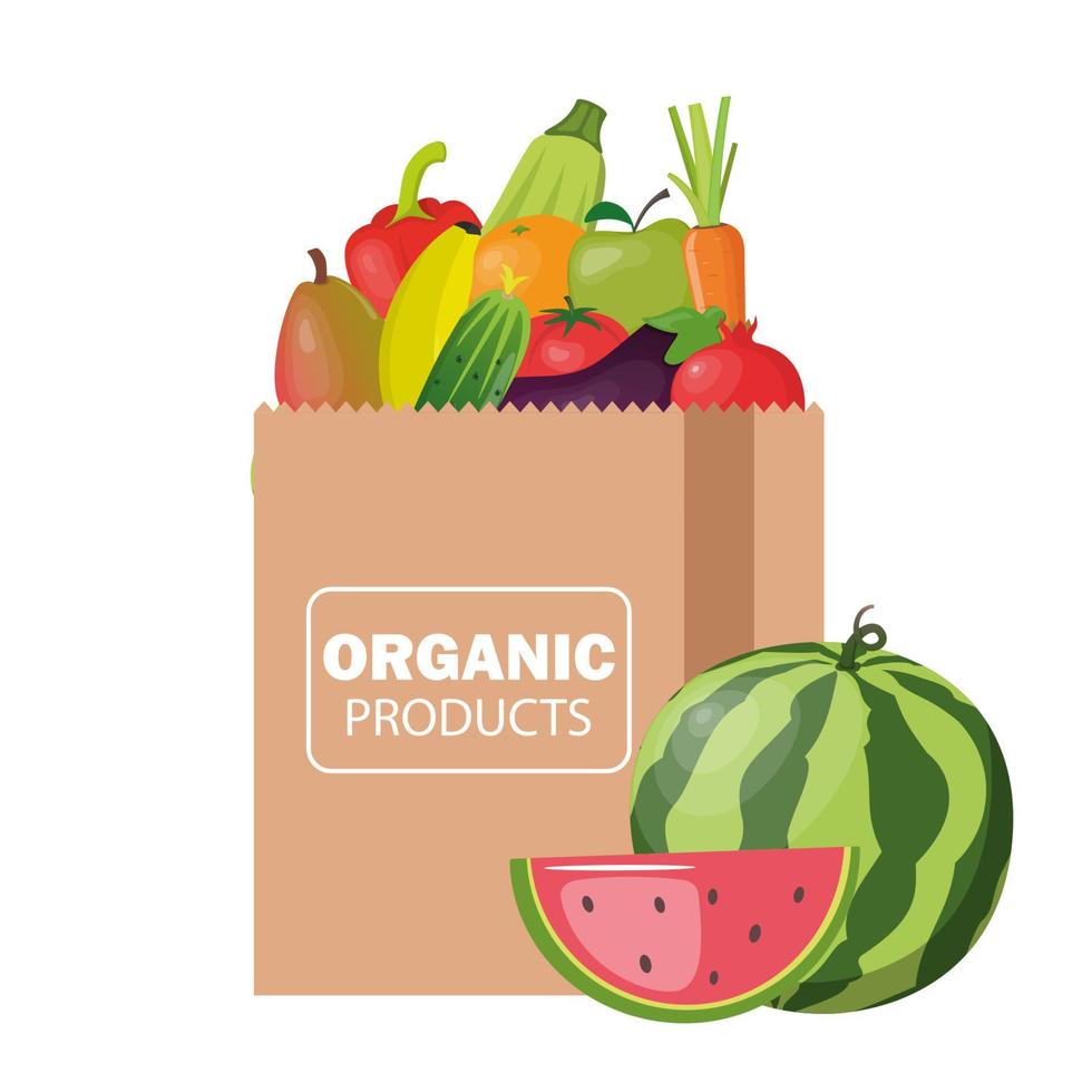 papier pakket met vers gezond producten. biologisch voedsel van de boerderij. groenten en vruchten. voedsel levering. vector vlak illustratie.