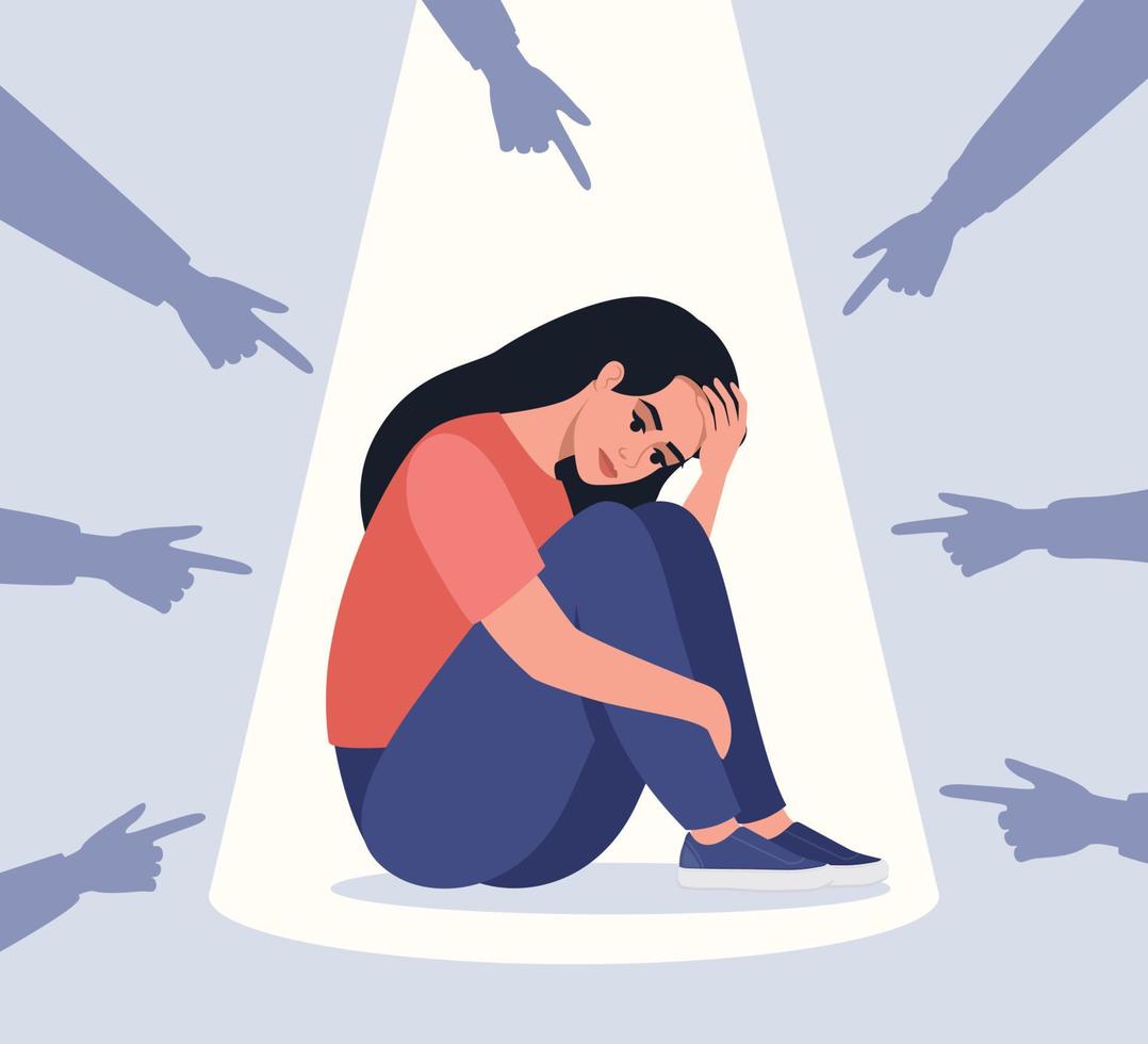 verdrietig of depressief jong vrouw omringd door handen met inhoudsopgave vingers richten Bij haar. concept van dekbed, beschuldiging, openbaar afkeuring en slachtoffer beschuldigen. vlak vector illustratie.