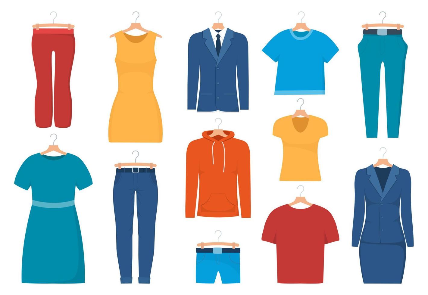Mannen en vrouw kleren Aan hangers, set. jurk, broek, trui, t-shirt, korte broek, bovenkant, jasje, pak. vector illustratie.