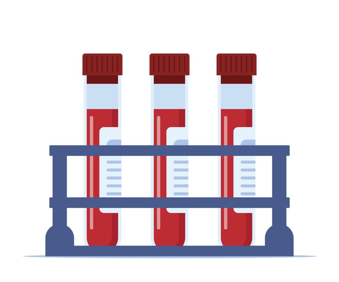 medisch fles pictogrammen met bloed. bloed test buizen met etiketten. vector illustratie in vlak stijl.