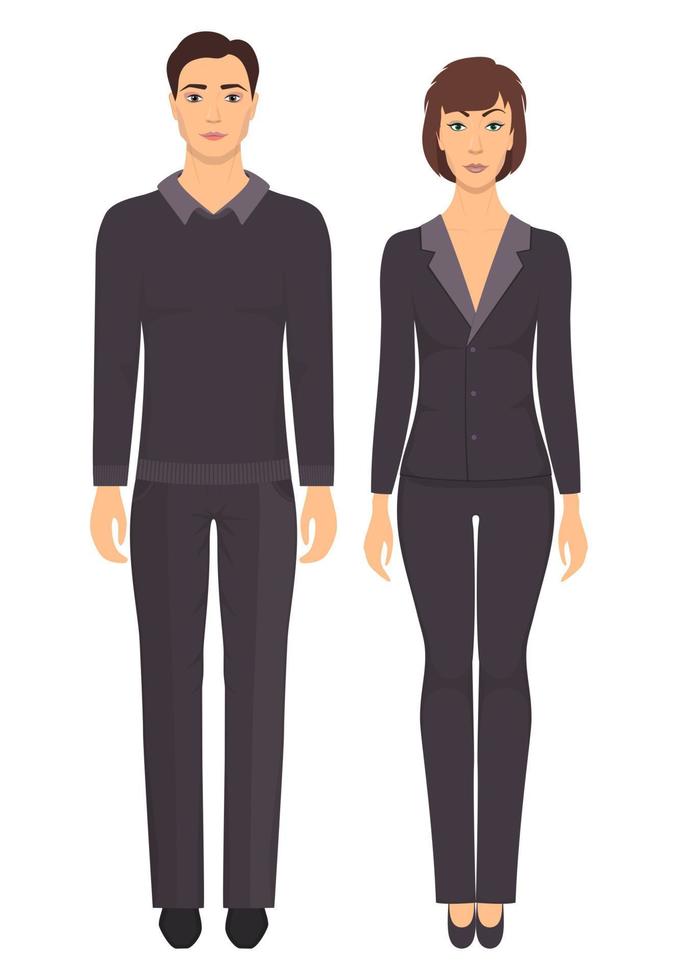 Mens en vrouw staand in vol groei in formeel kleren. paar in elegant en gewoontjes kleren. eenvoudig garderobe. vector illustratie, geïsoleerd.