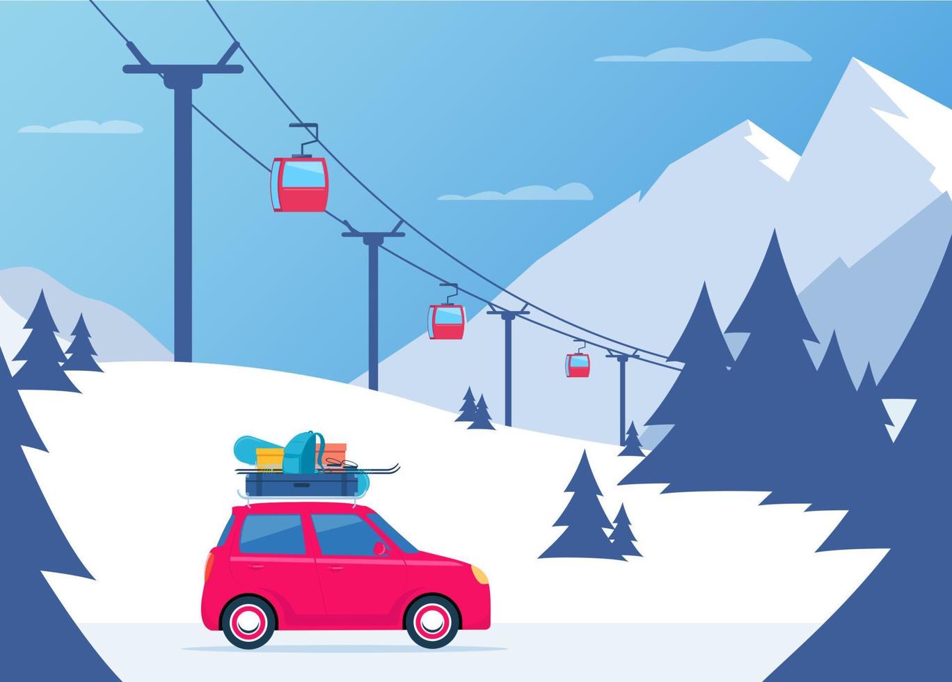 winter skiën vakantie reis naar bergen. schattig klein auto met ski en snowboarden, rugzak en koffer Aan de dak. vector illustratie.