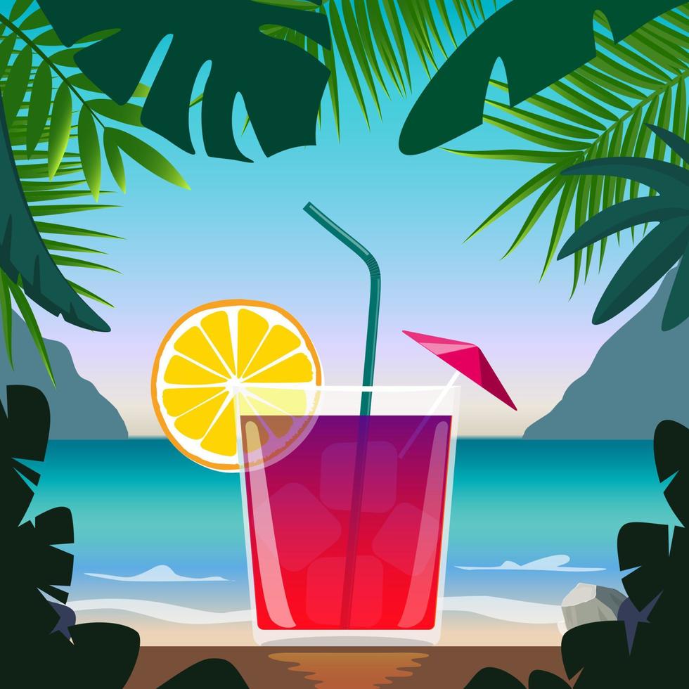 exotisch cocktail in strand bar Aan kust. cocktail met rietje, citroen wig en paraplu, omringd door tropisch bladeren. zomer vakantie concept. strand bar poster. zomer feest. vector illustratie.