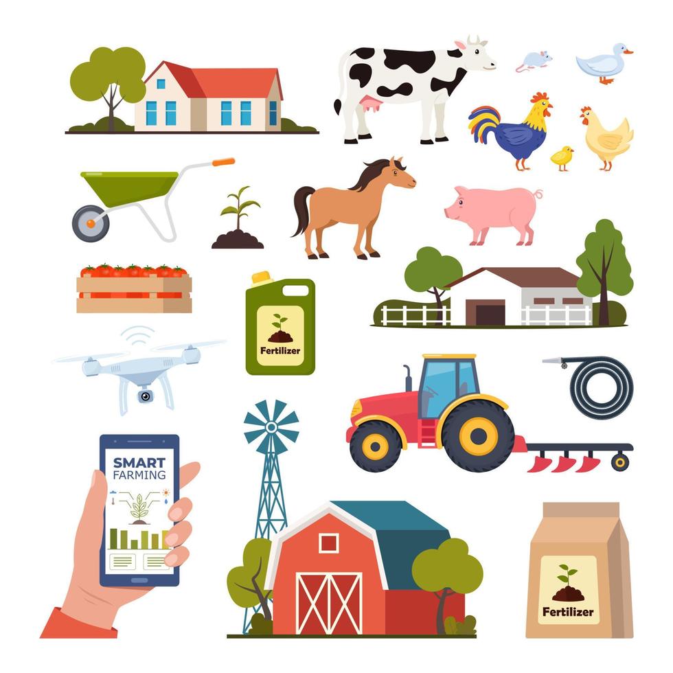 boerderij elementen. boerderij gebouwen, huiselijk dieren, vervoer, voorraad. scènes en elementen Aan boerderij thema. smartphone met app voor controle planten groeien, agrarisch automatisering. vector illustratie.