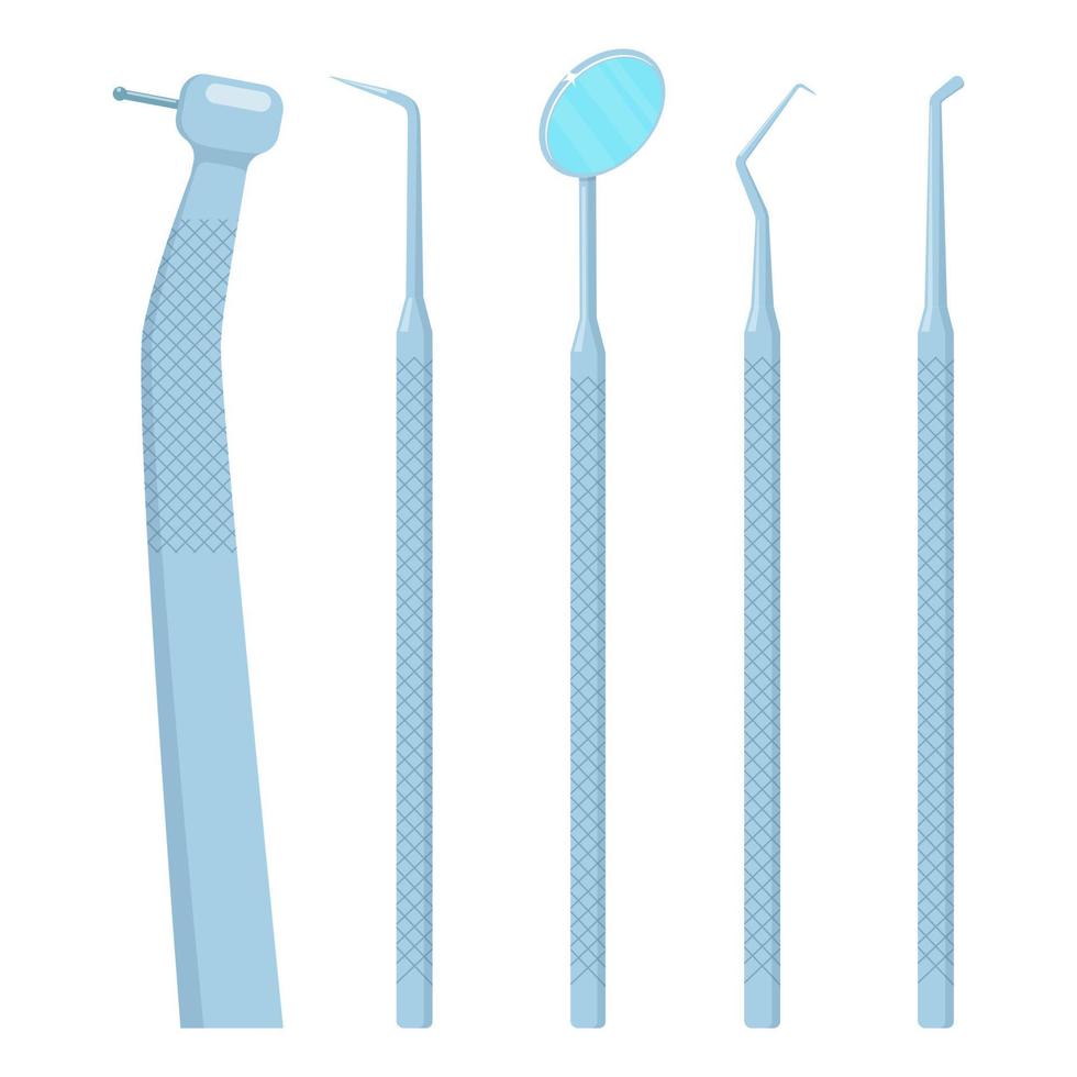 tanden tandheelkundig medisch uitrusting staal gereedschap set, vector illustratie in vlak stijl.