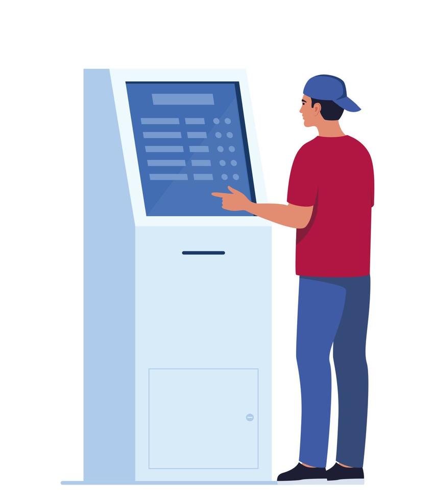 Mens gebruik makend van Zelfbediening betaling en informatie elektronisch terminal met tintje scherm. vector illustratie in vlak stijl.