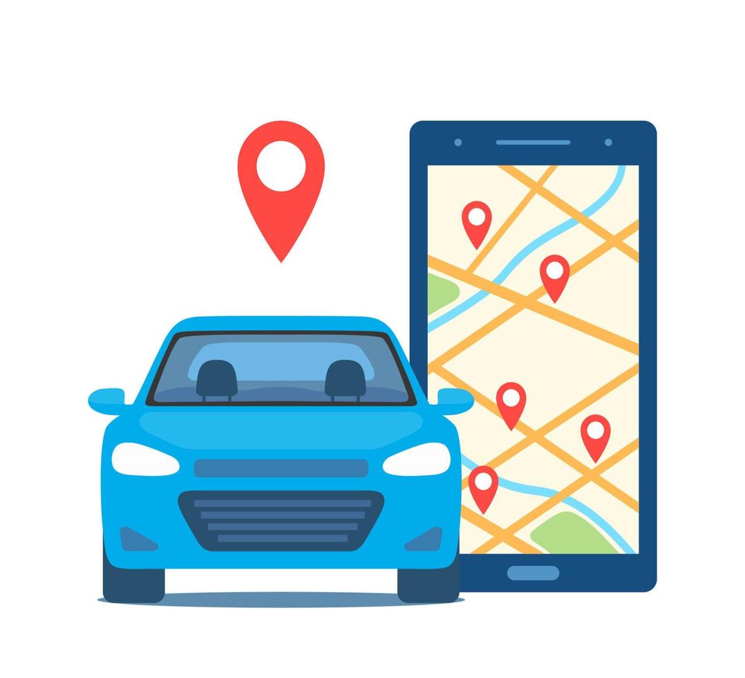 online auto sharing onderhoud gecontroleerd via smartphone app. telefoon met plaats merken en slim auto. vector concept illustratie.