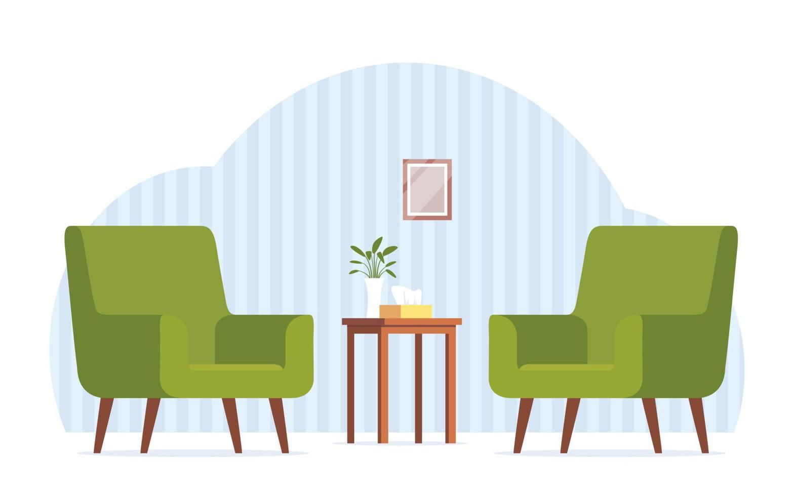twee groen fauteuils tegenover elk ander. fauteuils voor psychologisch overleg. tafel, doos van servetten, bloemen. comfortabel interieur, kantoor voor psychotherapeutisch consultaties. vector