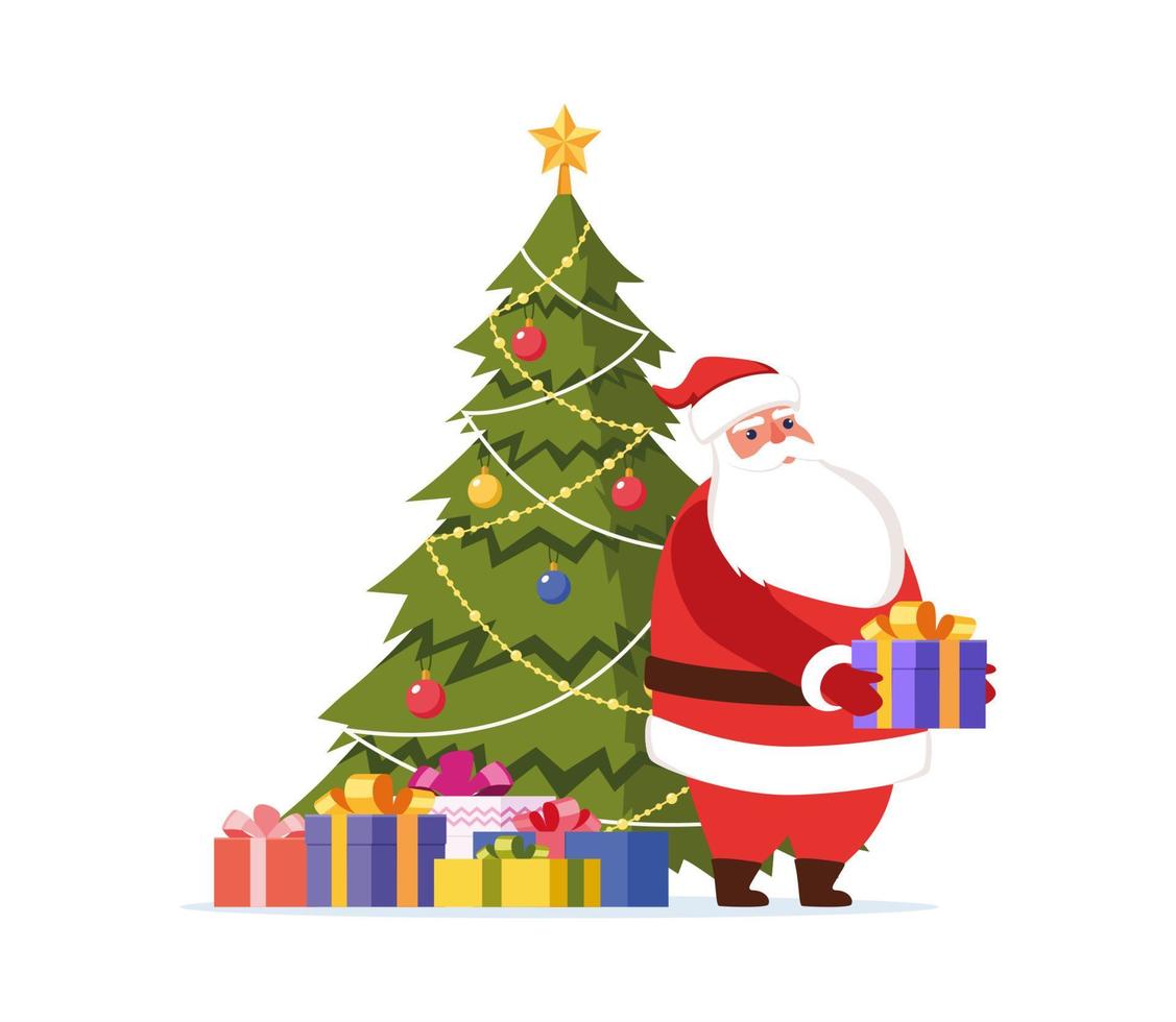 schattig de kerstman claus karakter met geschenk in zijn handen en versierd Kerstmis boom achter hem. vrolijk Kerstmis en gelukkig nieuw jaar kaart, spandoek. vector illustratie.