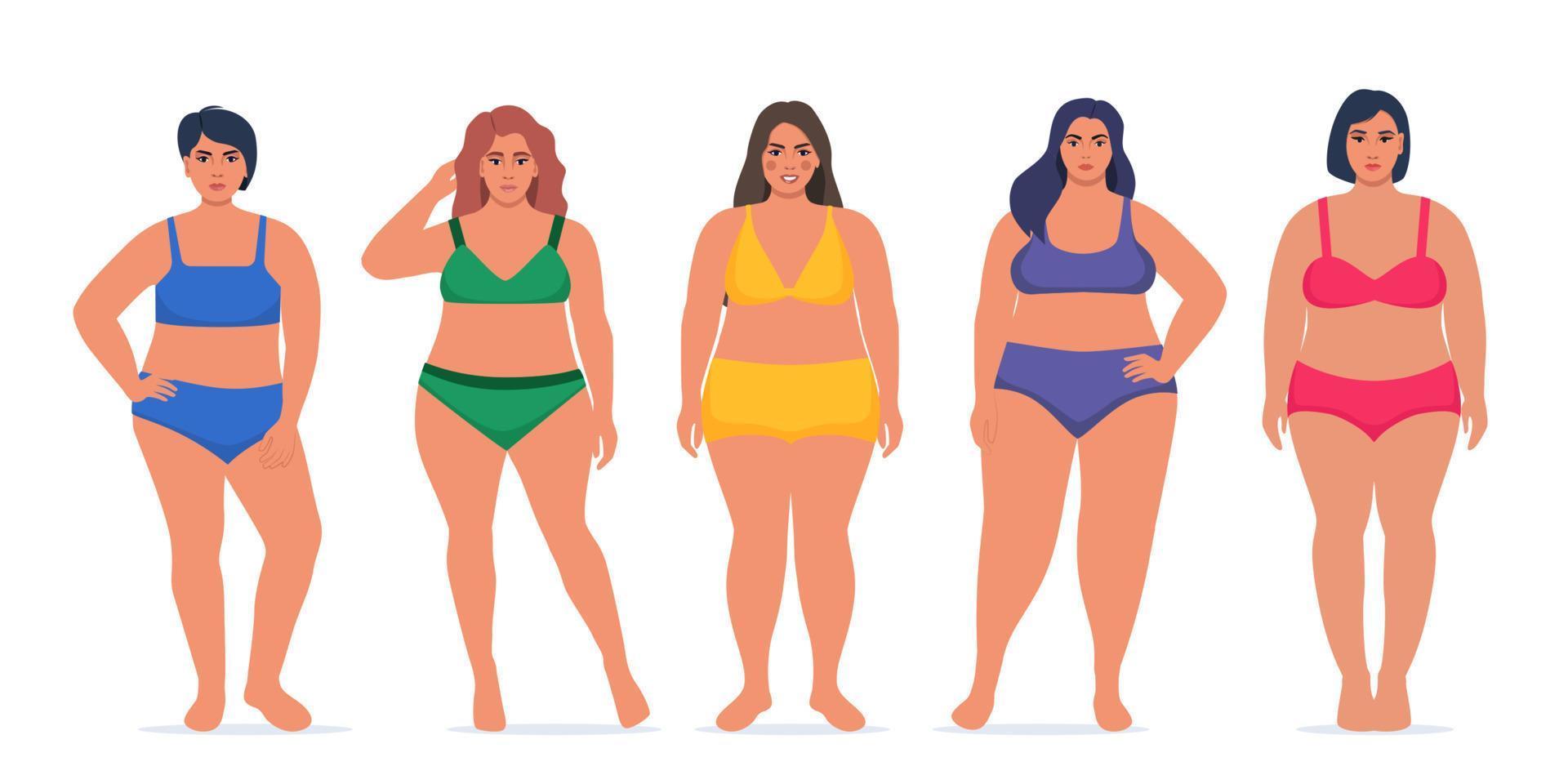 lichaam positief mensen. plus grootte vrouw karakters, aantrekkelijk golvend, te zwaar groep van multi cultureel Dames in ondergoed. overmaats zwaarlijvigheid, mooi groot dame. vector illustratie.