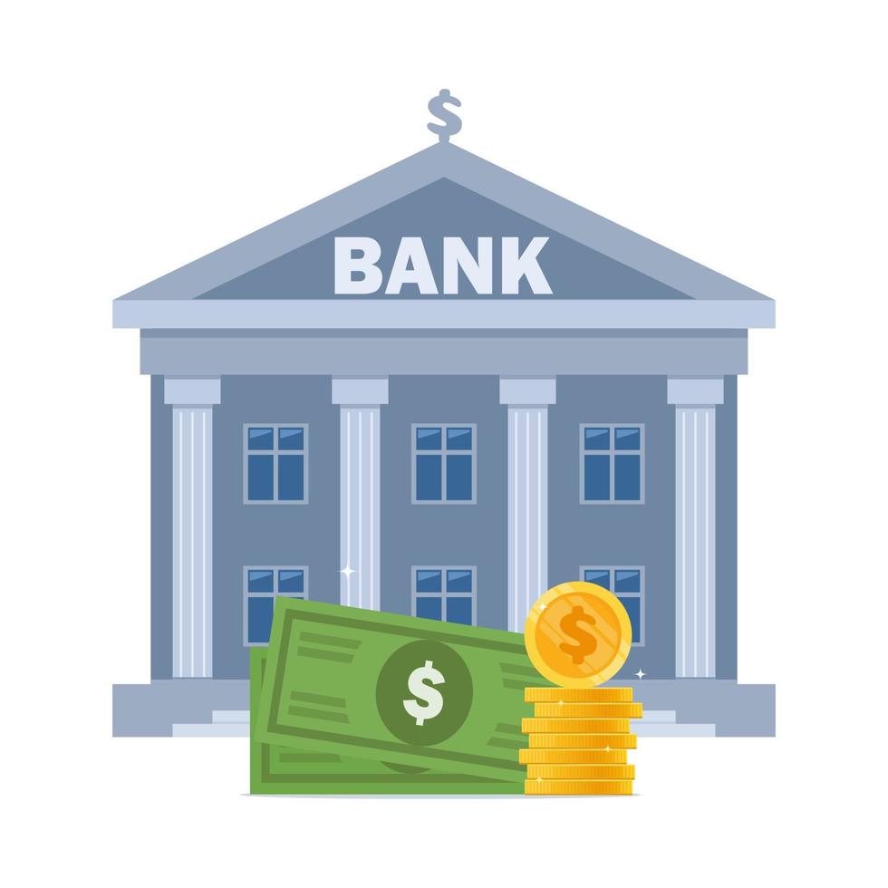 bank gebouw en geld, bank financiering, geld aandelenbeurs, financieel Diensten, Geldautomaat, geven uit geld. vector vlak illustratie.