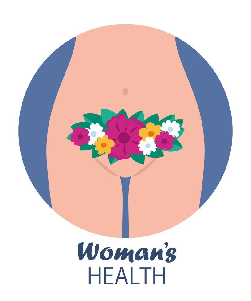 de concept van vrouwen Gezondheid met een vrouw lichaam, een vrouw lies, een baarmoeder en bloemen in de bekken- Oppervlakte. vector illustratie.