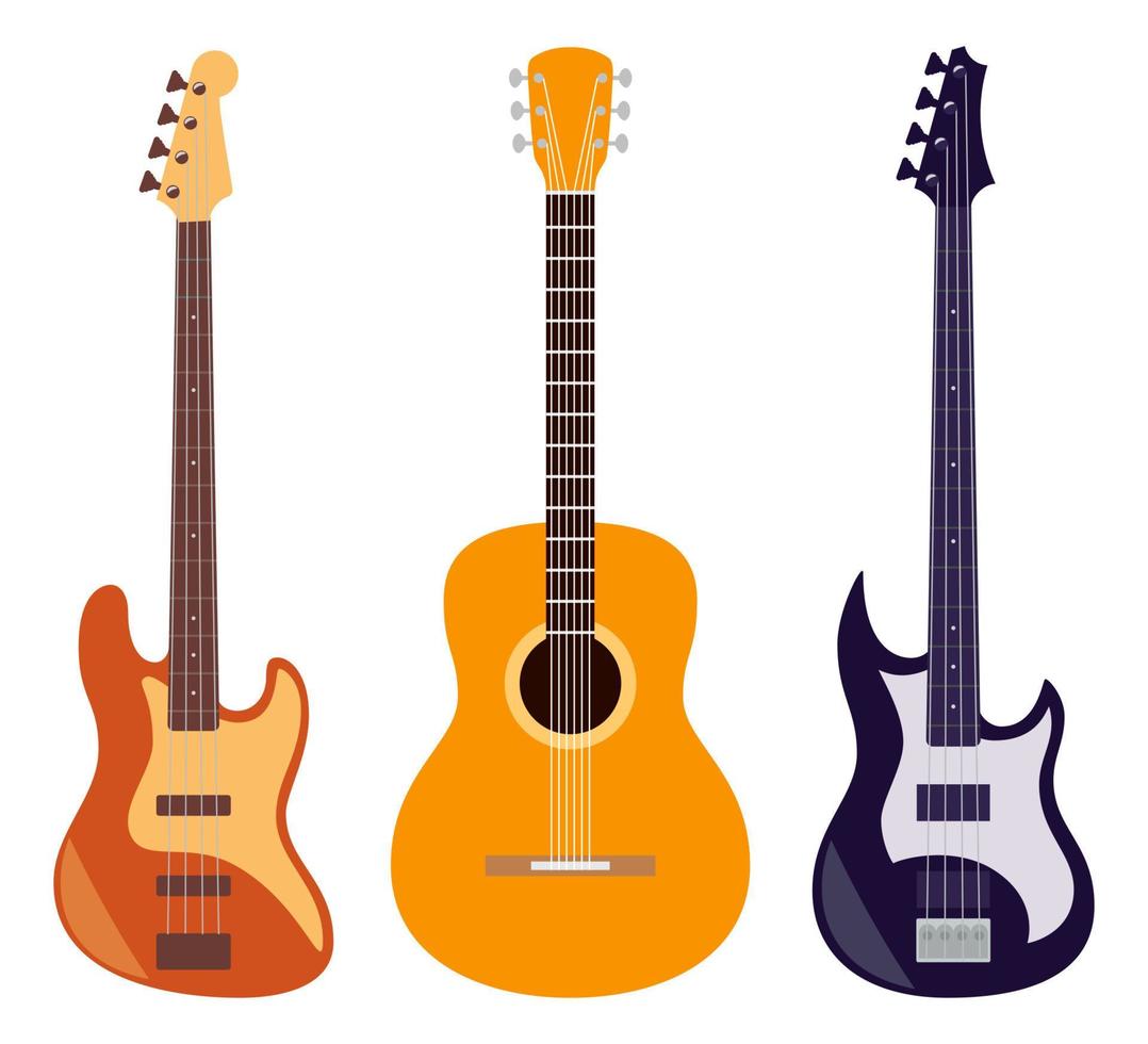 gitaar set. akoestisch en elektrisch gitaren geïsoleerd Aan wit achtergrond. draad musical instrumenten. schattig vlak stijl vector illustratie.