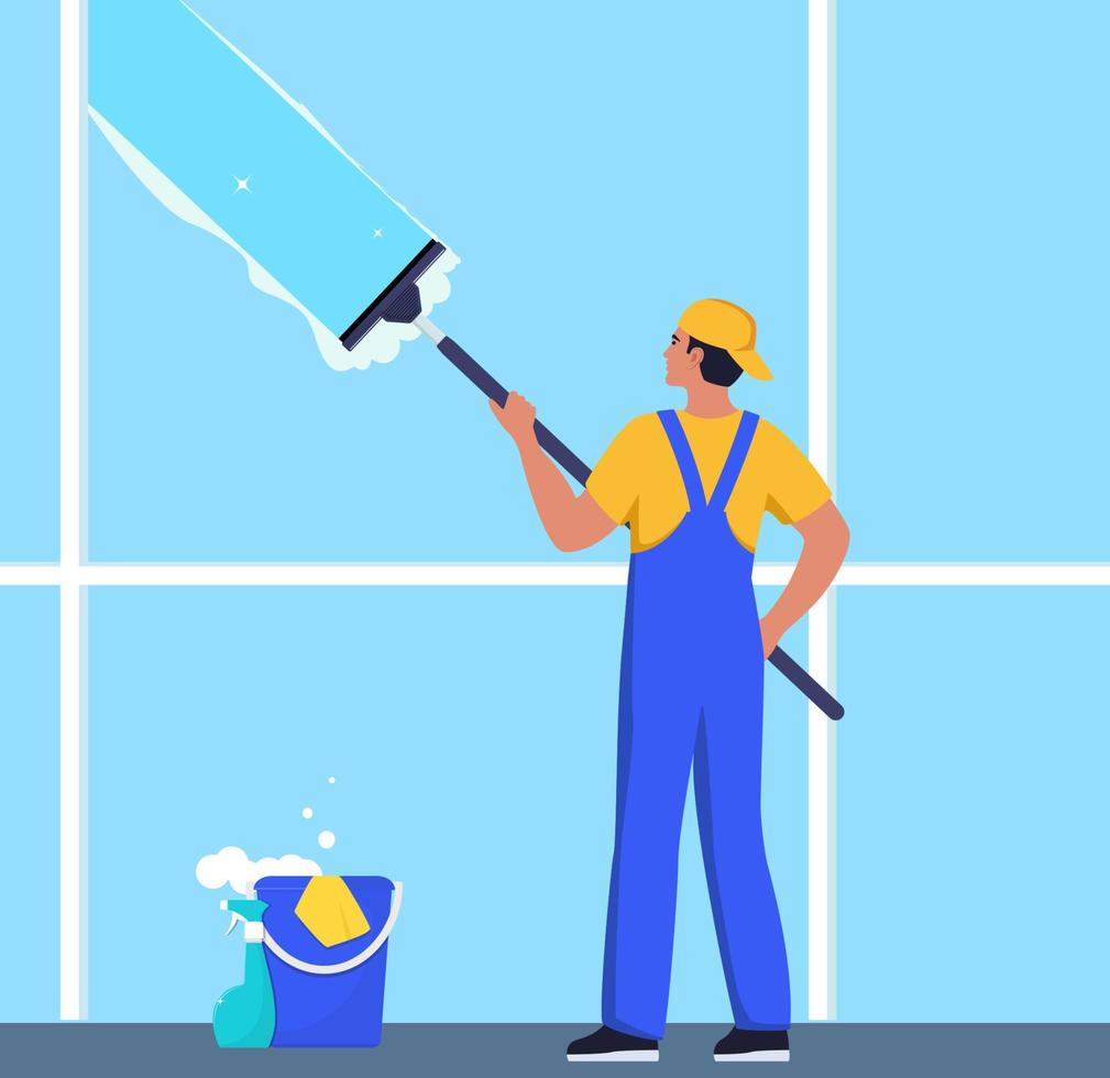 Mens in blauw en geel uniform schoonmaak venster met glas schraper en het wassen spuiten. huishouding onderhoud, kantoor schoonmaak onderhoud, voorjaar schoonmaak plicht. vector illustratie.