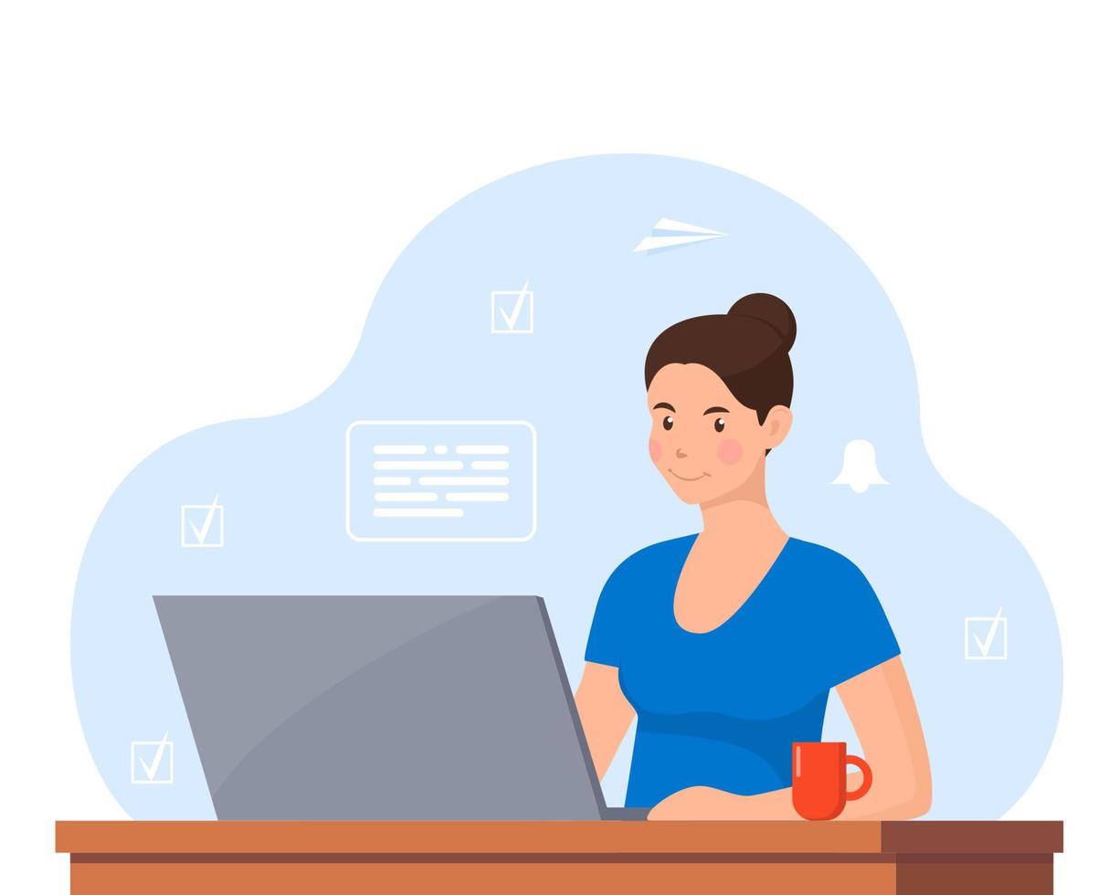 jong vrouw werken Aan laptop Bij huis kantoor. freelancer Bij werk, afgelegen werk. jong vrouw zittend Bij een bureau met een laptop en koffie beker. vlak stijl kleur modern vector illustratie.