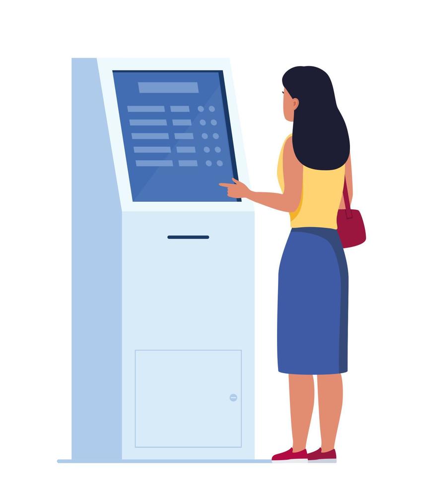 vrouw gebruik makend van Zelfbediening betaling en informatie elektronisch terminal met tintje scherm. vector illustratie in vlak stijl.