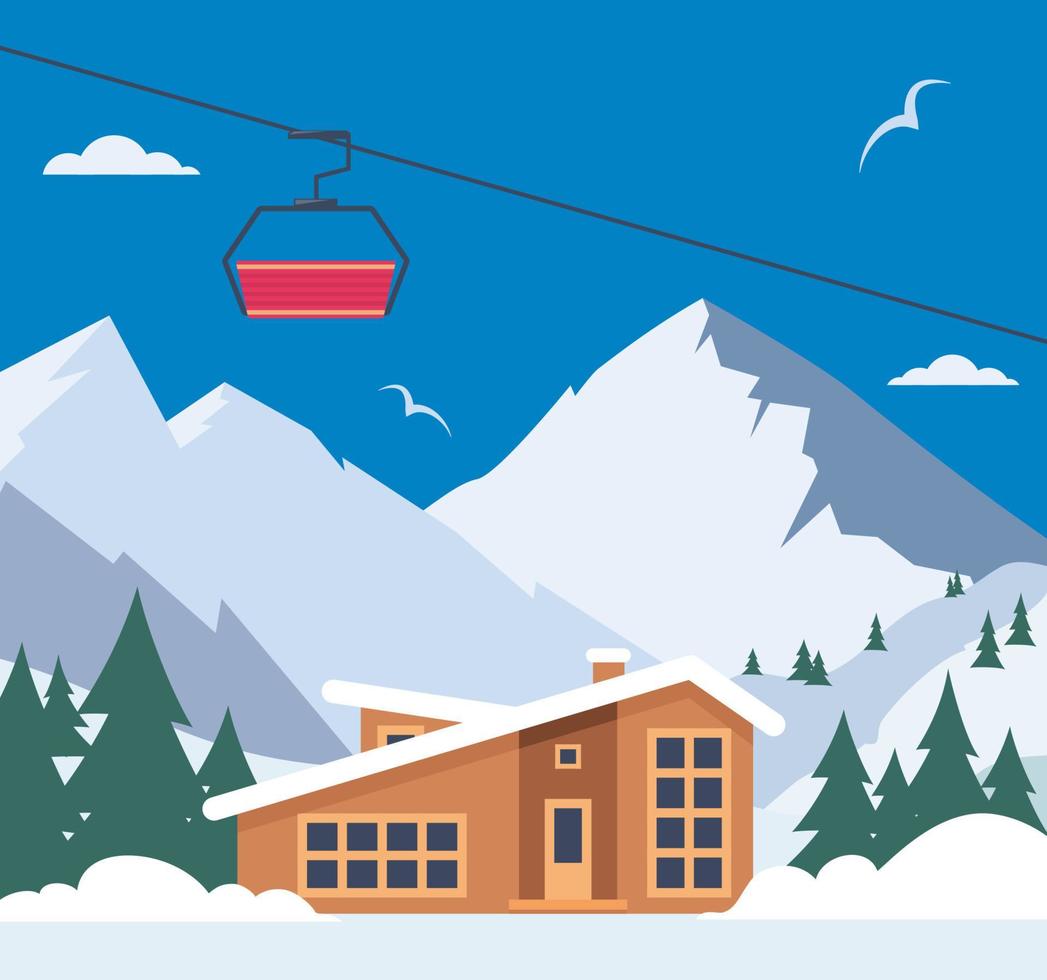 ski toevlucht. winter berg landschap met logeren, ski tillen. winter sport- vakantie spandoek. vector illustratie.