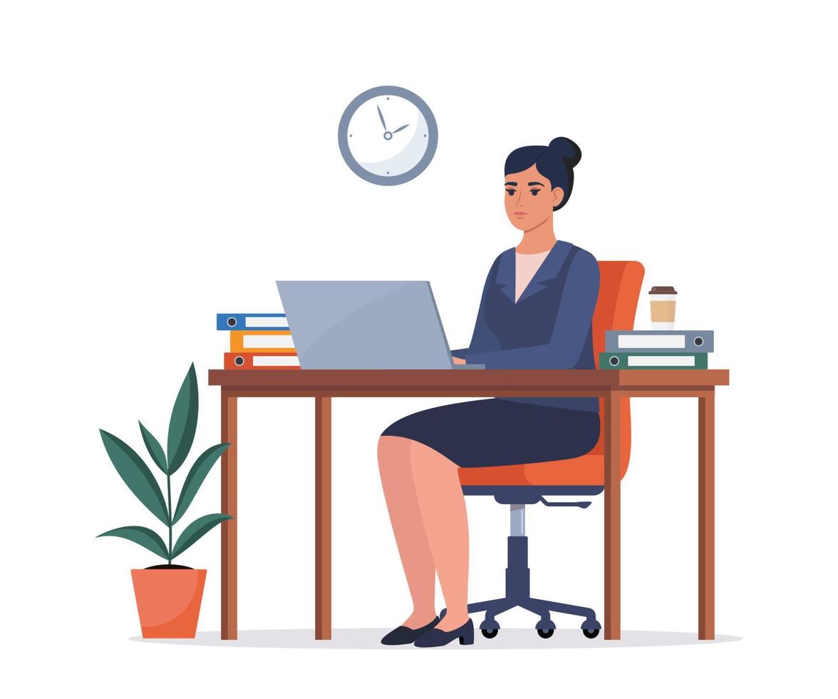 kantoor arbeider vrouw in een pak werken Aan een laptop computer Bij haar kantoor bureau. vlak stijl vector illustratie.